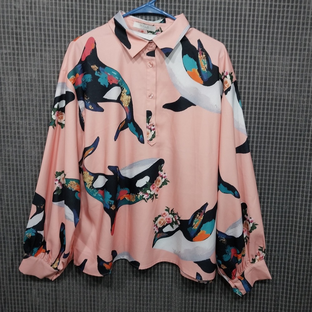 Mulla Womens Blouse Orca Whale Floral Print L Pink Peach